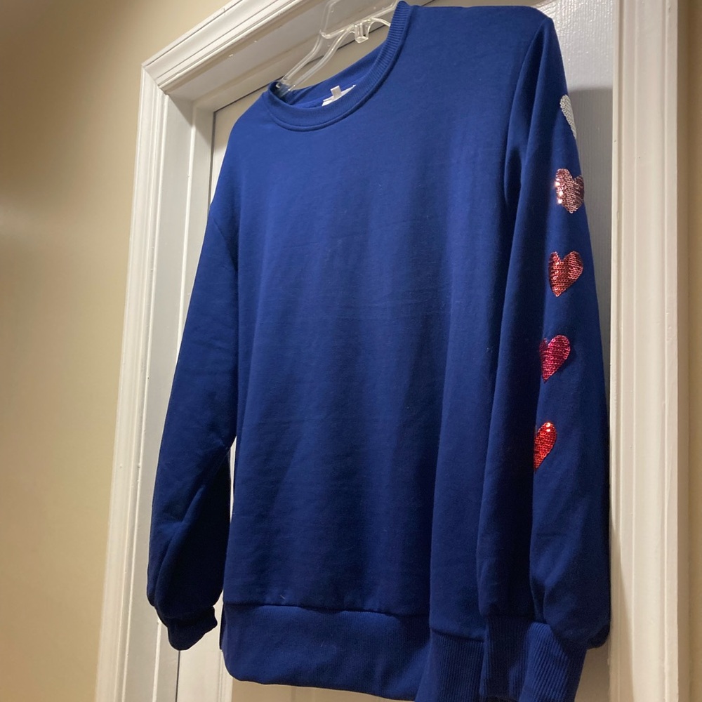 Navy Blue Crewneck Sweater with Sequin Hearts - women’s